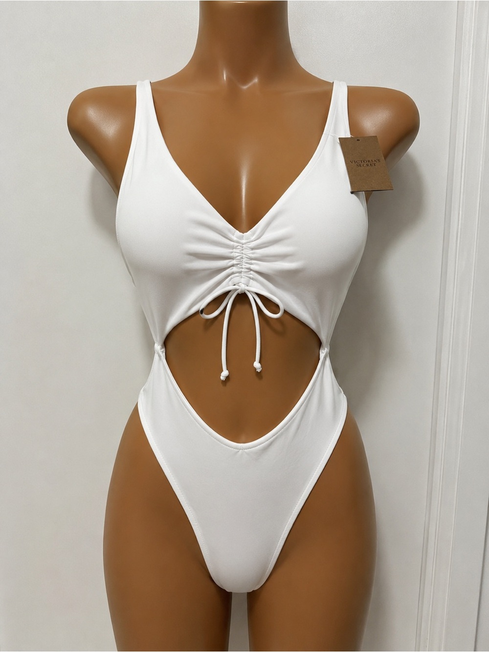 Victoria’s Secret White Cutout One Piece Swimsuit NWT Ruched Drawstring M